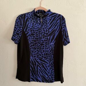 DKNY Golf Blue Animal Print Quarter-Zip Polo Top Size Medium Size